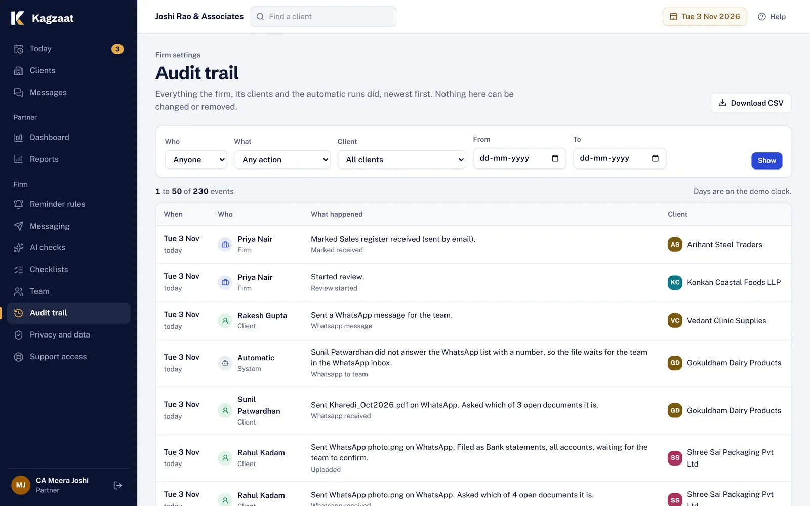 The audit trail: every change with the day, time, who made it and what happened, with filters and a CSV download.
